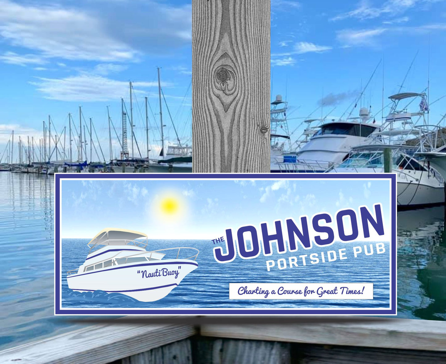 Nautical bar sign mounted on a wooden post at a marina with boats in the background