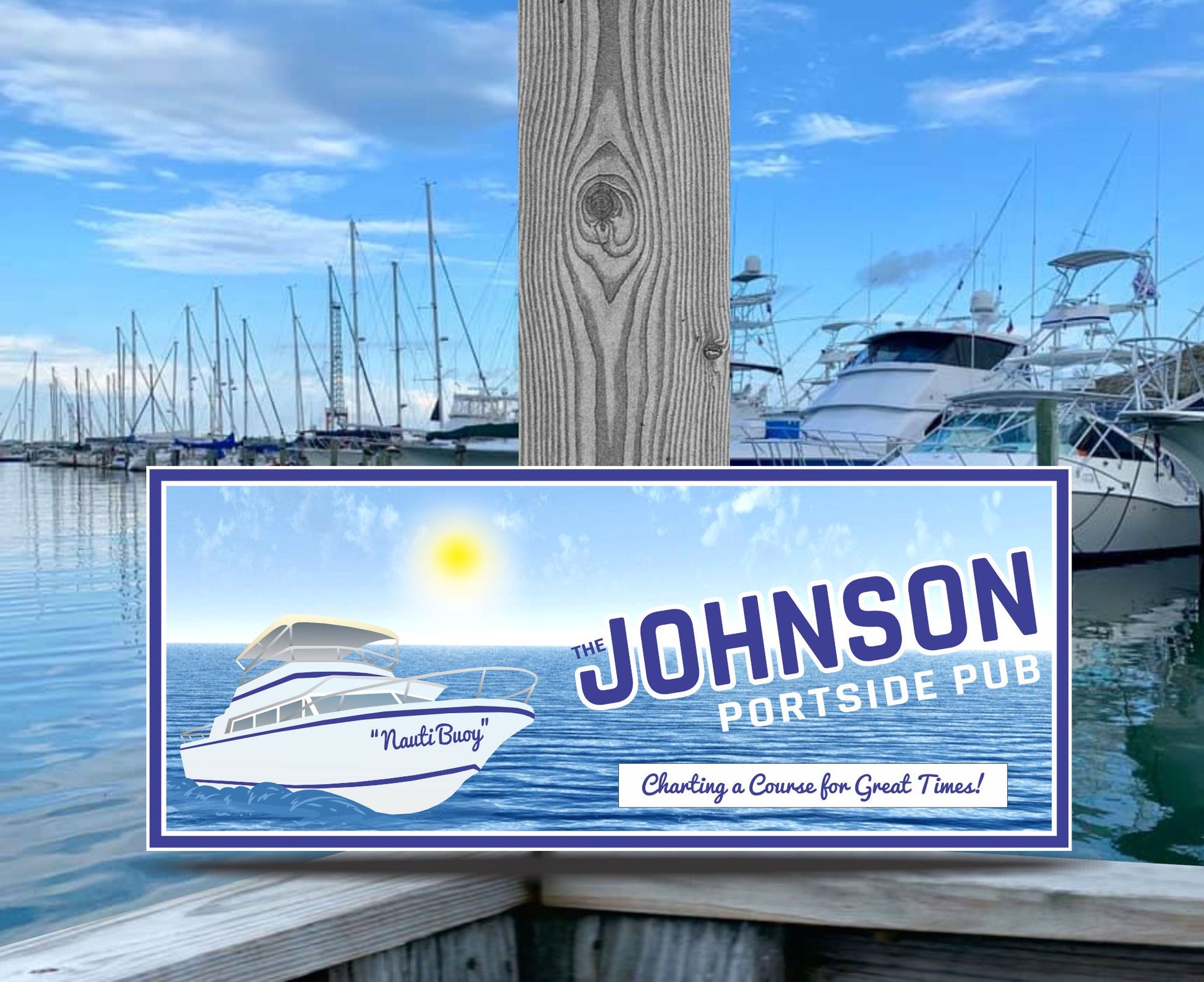Nautical bar sign mounted on a wooden post at a marina with boats in the background