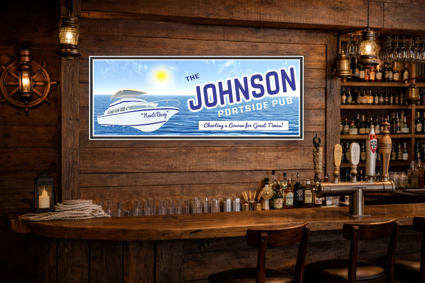 Custom portside pub sign displayed inside a rustic nautical-themed bar interior