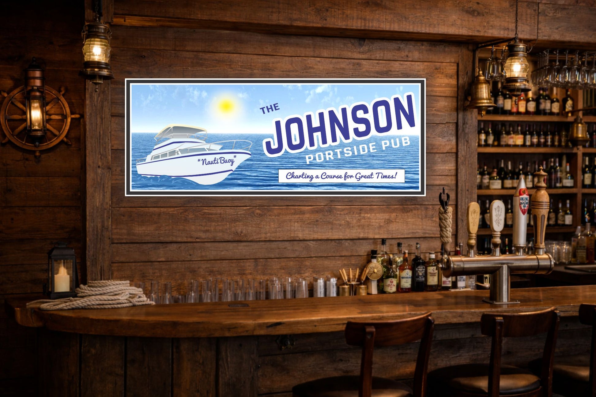 Custom portside pub sign displayed inside a rustic nautical-themed bar interior