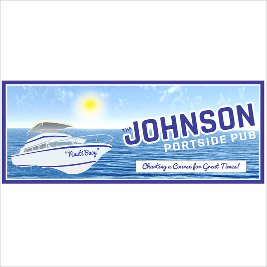 Personalized portside pub sign with boat illustration, ocean background, and custom text options