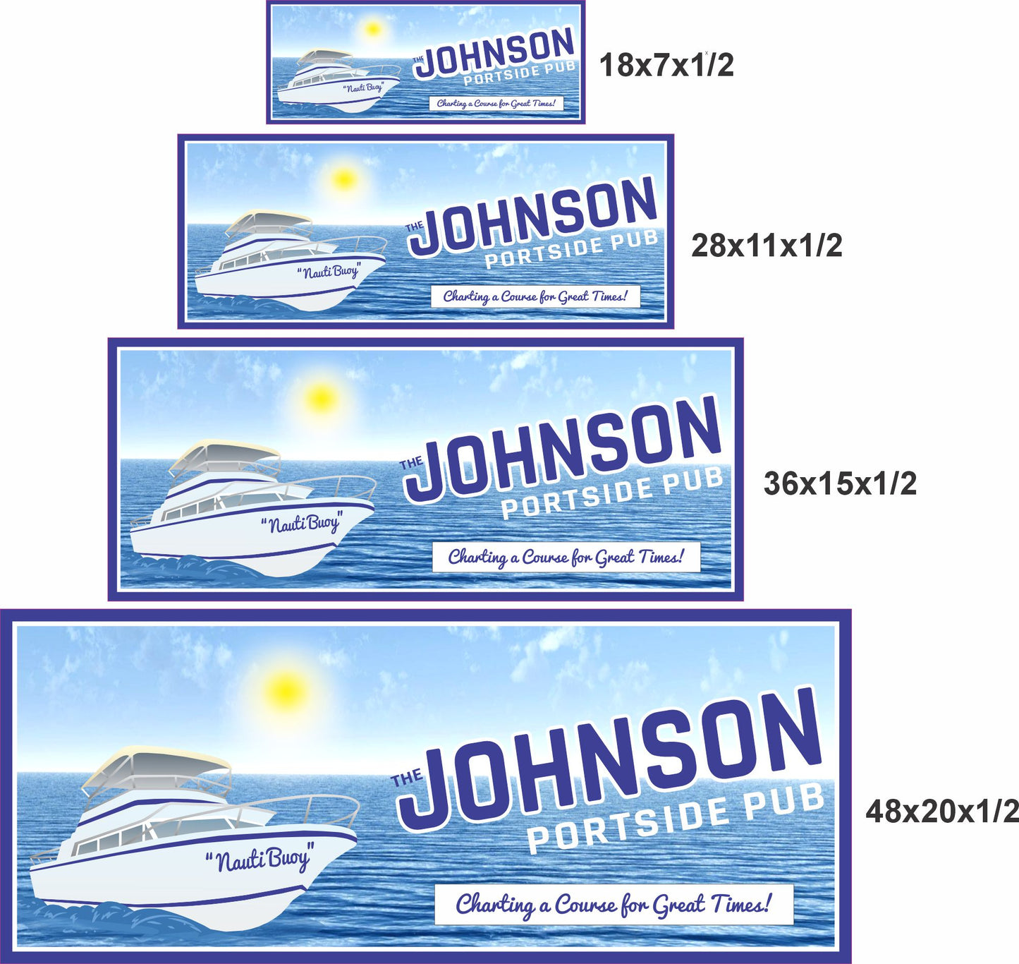 Portside pub sign shown in four available size options for wall display