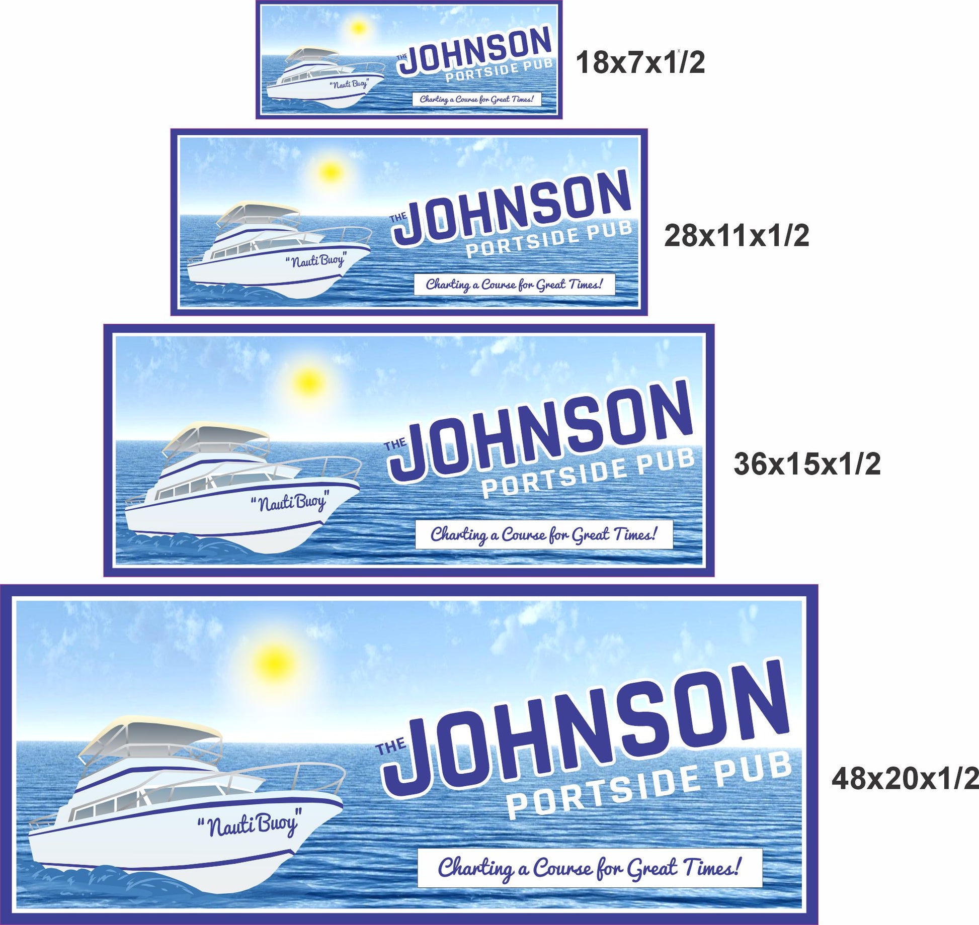 Portside pub sign shown in four available size options for wall display