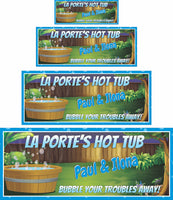 Personalized illustrated hot tub sign with a round wood tub in a lush green backyard.