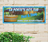 Personalized illustrated hot tub sign with a round wood tub in a lush green backyard.