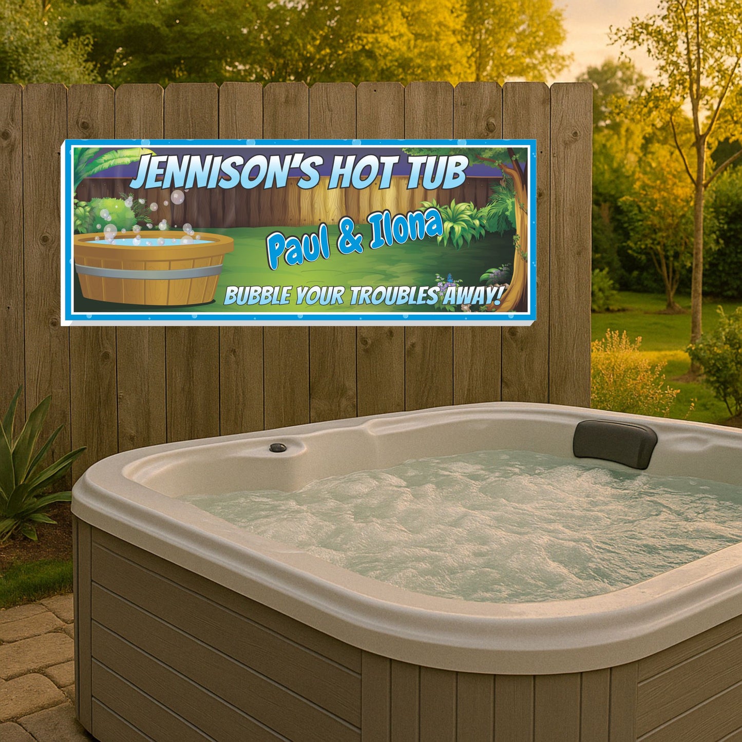 Personalized spa sign mounted near an outdoor hot tub