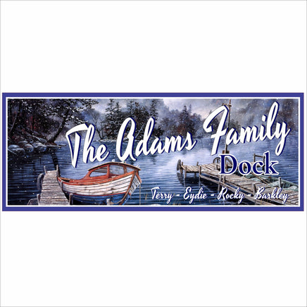 Personalized winter dock sign with snowy lake and boat artwork