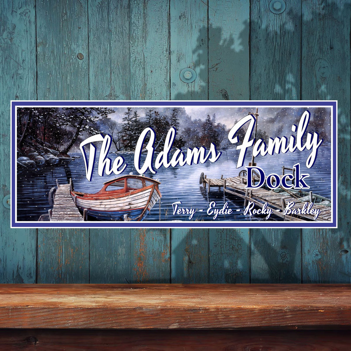 Custom Dock Sign - Personalized Wood Dock & Rowboat in Snowy Scene| Fun ...