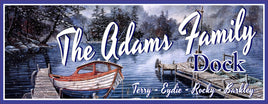 Personalized dock sign featuring a wood dock, rowboat, and snowy winter scene.