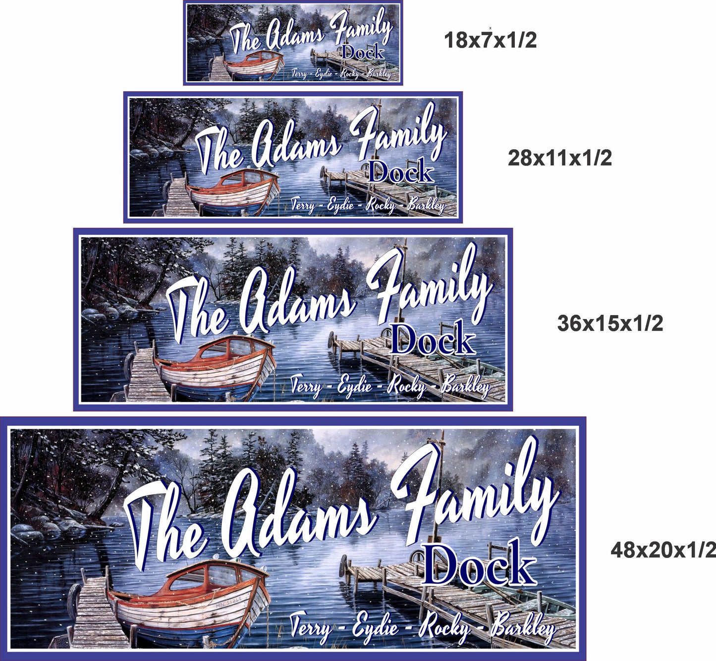 Personalized dock sign shown in 18x7, 28x11, 36x15, and 48x20 inch sizes
