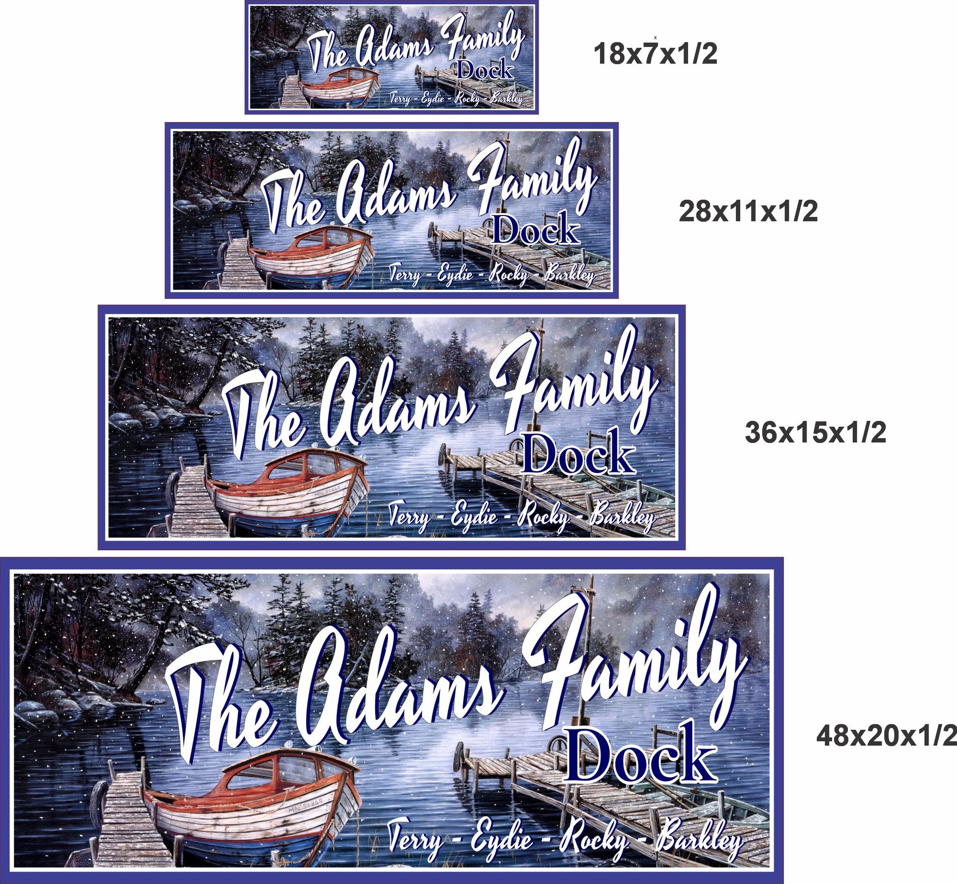 Personalized dock sign shown in 18x7, 28x11, 36x15, and 48x20 inch sizes