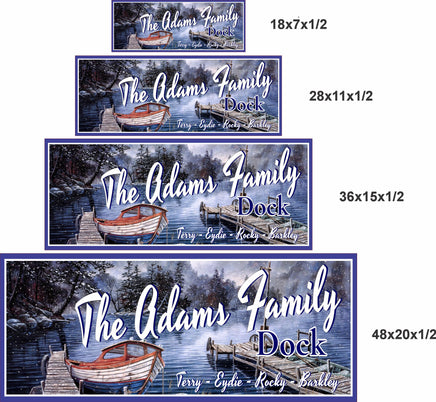 Personalized dock sign shown in 18x7, 28x11, 36x15, and 48x20 inch sizes