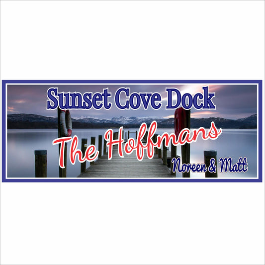 Personalized sunset dock sign with scenic lake background and custom text