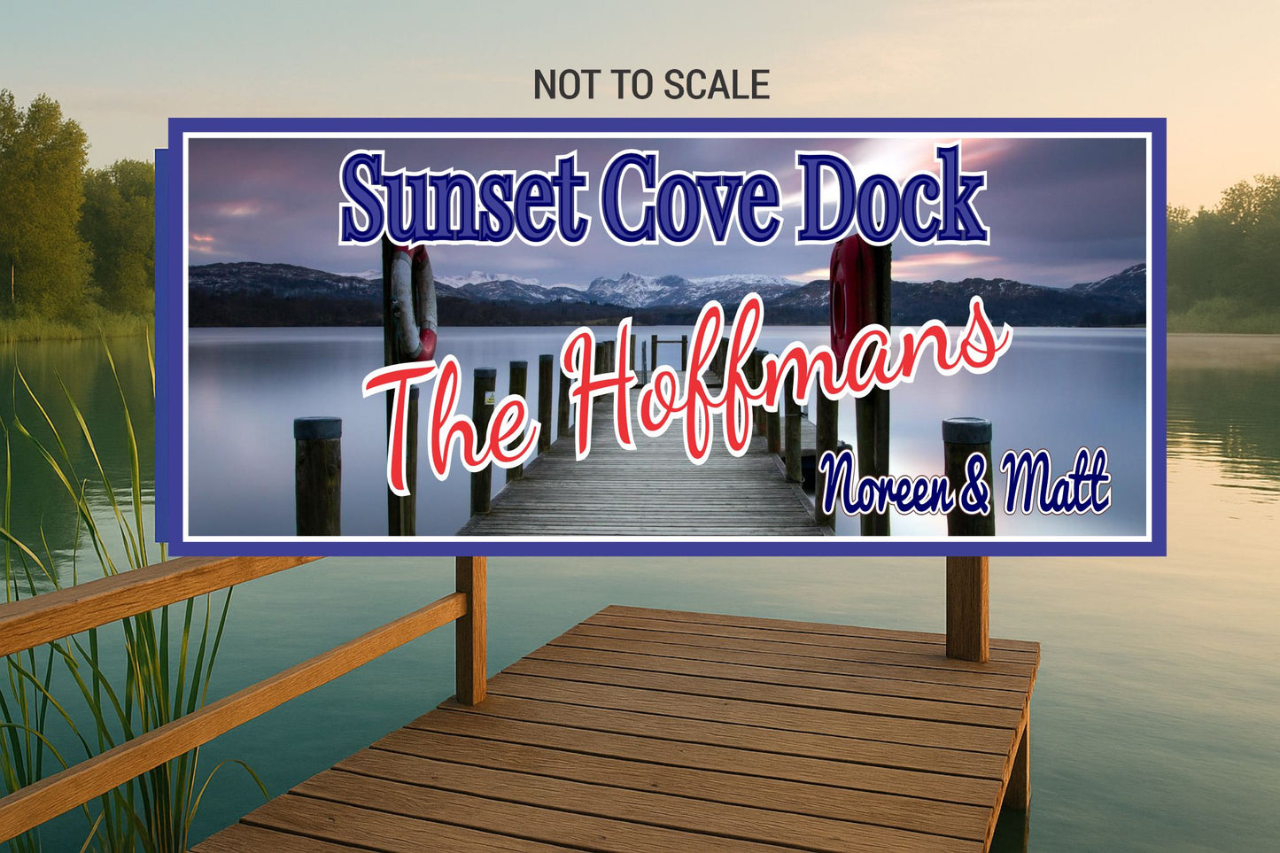 Personalized waterfront sign displayed along a wooden dock walkway