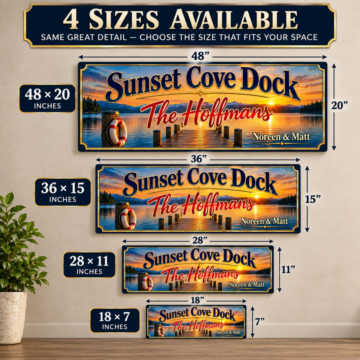 Four available personalized dock sign sizes shown for comparison: 18x7, 28x11, 36x15 and 48x20 inches.