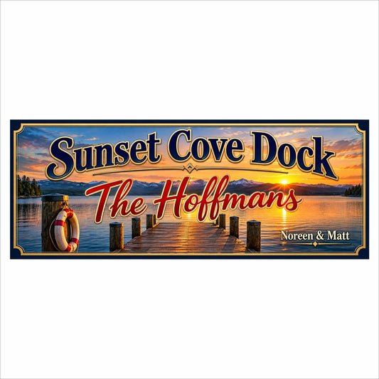 Personalized dock sign with sunset waterfront scenery, wooden pier and life ring in navy, red and warm-gold tones.