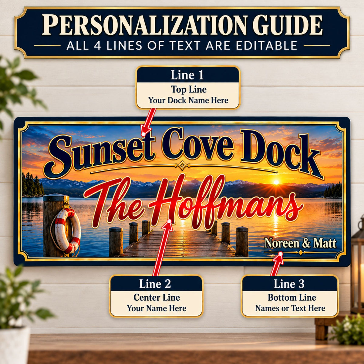 Personalization guide showing three editable text areas on the custom dock sign.