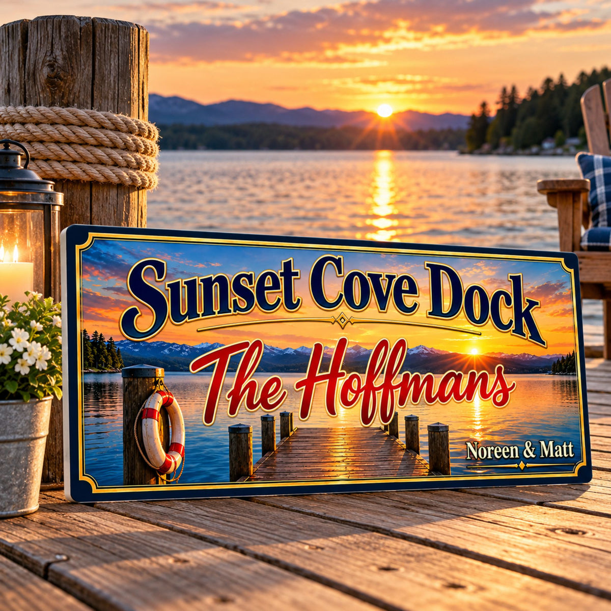 Personalized dock sign displayed on a wooden dock overlooking the water at sunset.