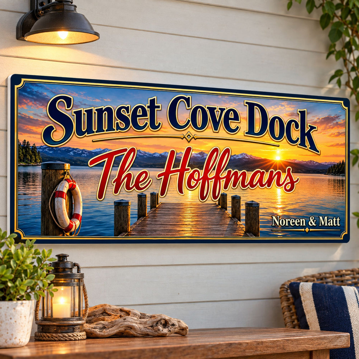 Personalized waterfront dock sign displayed on a light wall with rustic nautical accents.