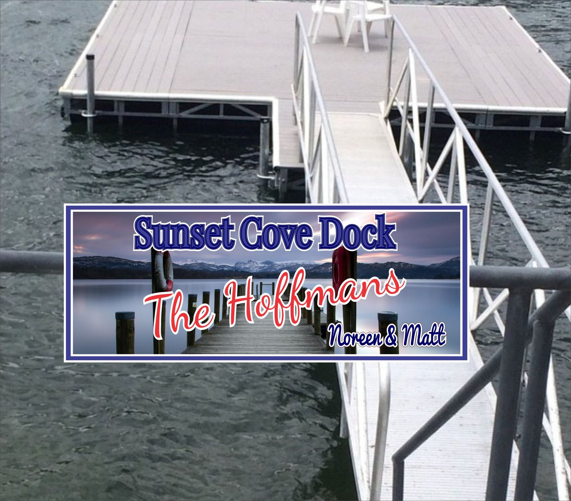 Personalized dock sign mounted on a lakeside pier 