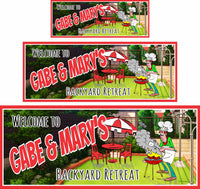 Personalized BBQ sign featuring a cartoon chef, fiery grill, and patio set with umbrella, with fully editable text.