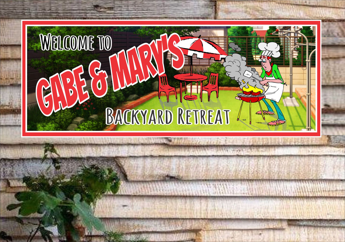 Custom BBQ Sign - Personalized Backyard Grill Decor with Cartoon Chef ...