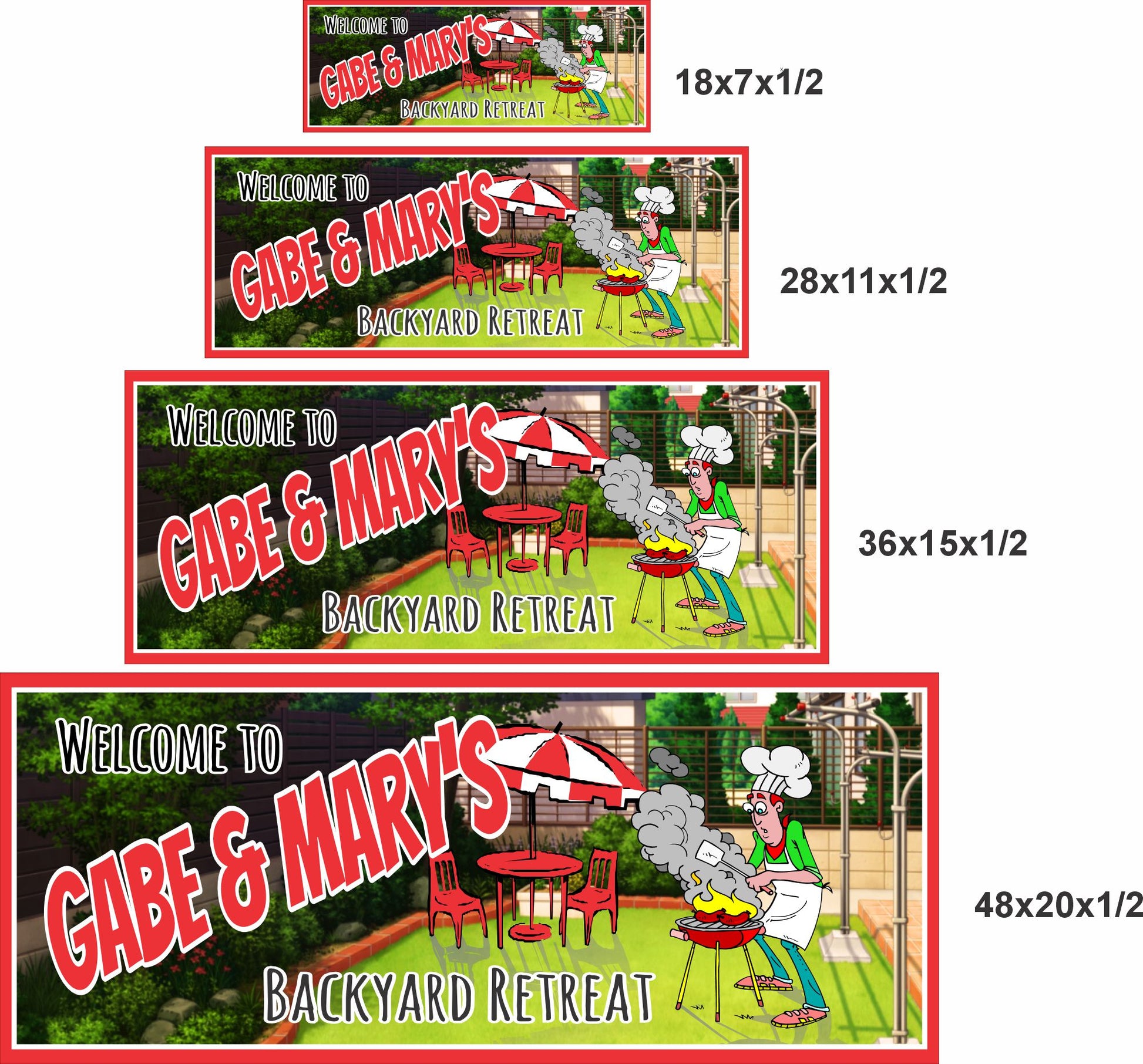 Backyard retreat sign shown in four available size options