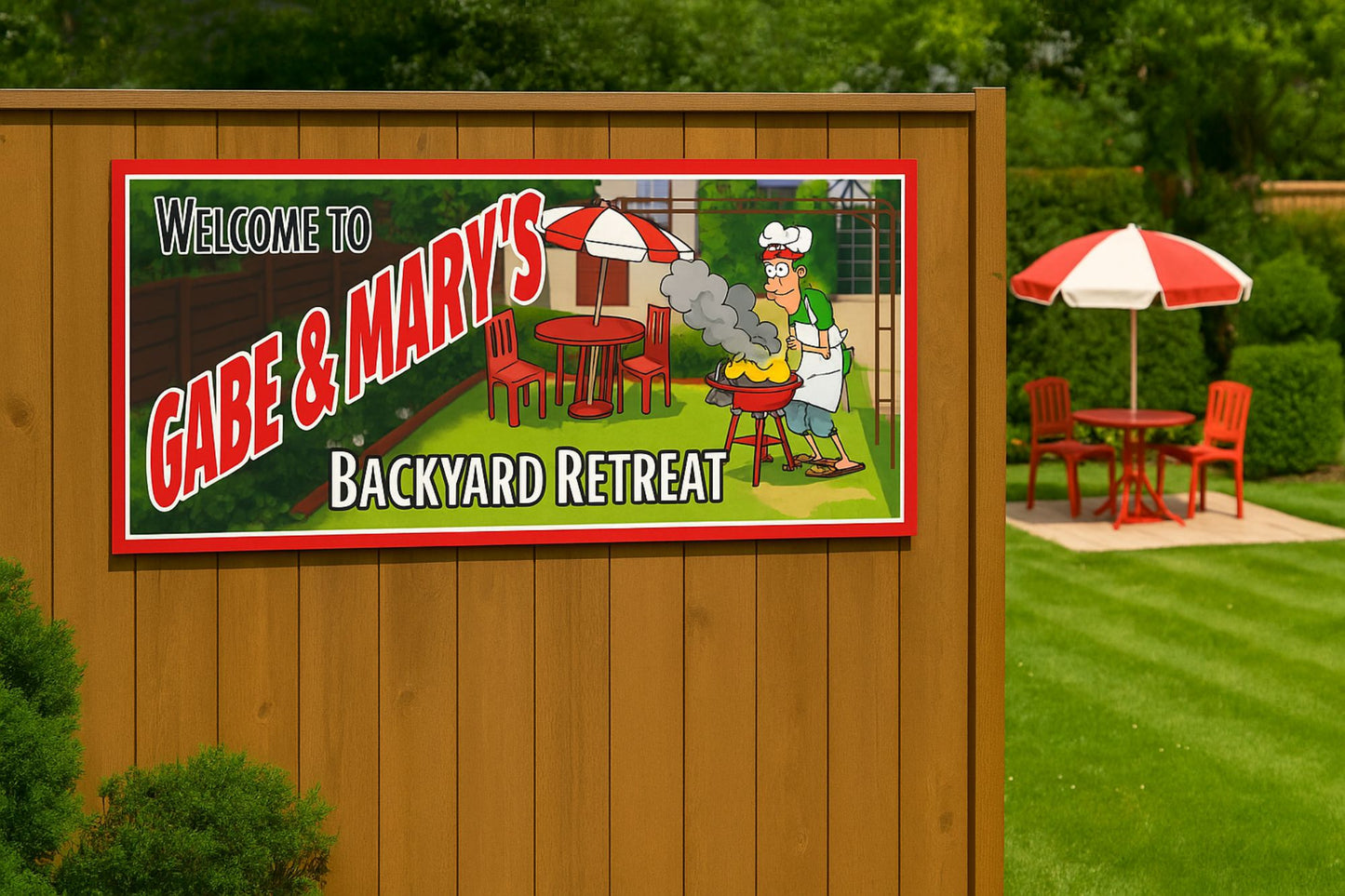 Outdoor wall sign mounted on a wooden fence in a backyard patio setting