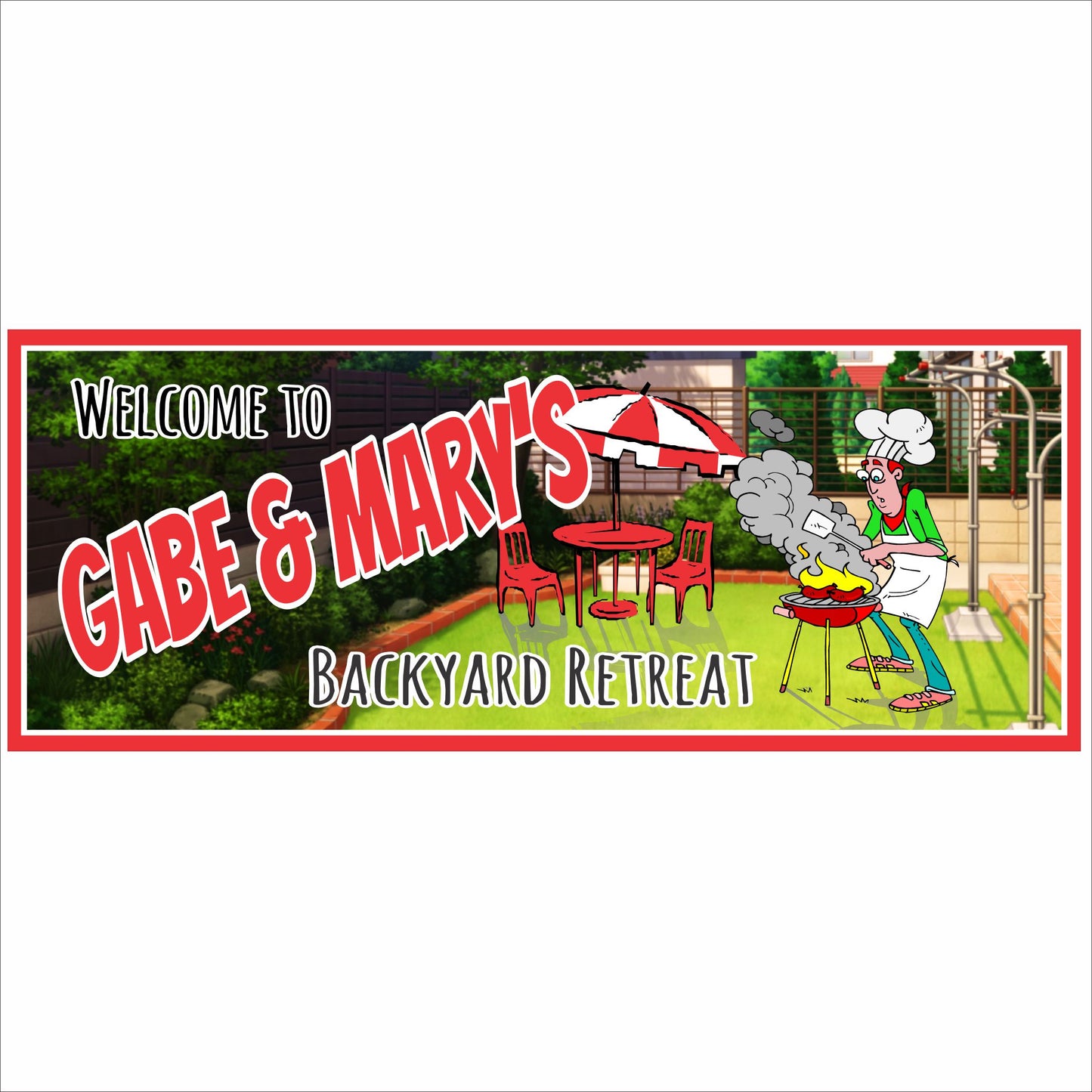 Personalized backyard retreat sign with grilling scene and patio design