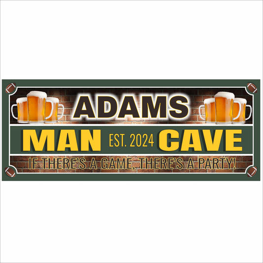 Personalized man cave wall sign with beer steins and custom text displayed on a green background
