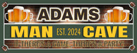 Customizable man cave sign featuring beer steins, established date, and editable text with sports team colors and your choice of beer.