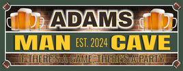 Customizable man cave sign featuring beer steins, established date, and editable text with sports team colors and your choice of beer.