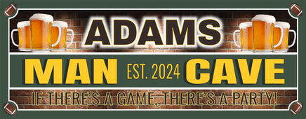 Customizable man cave sign featuring beer steins, established date, and editable text with sports team colors and your choice of beer.