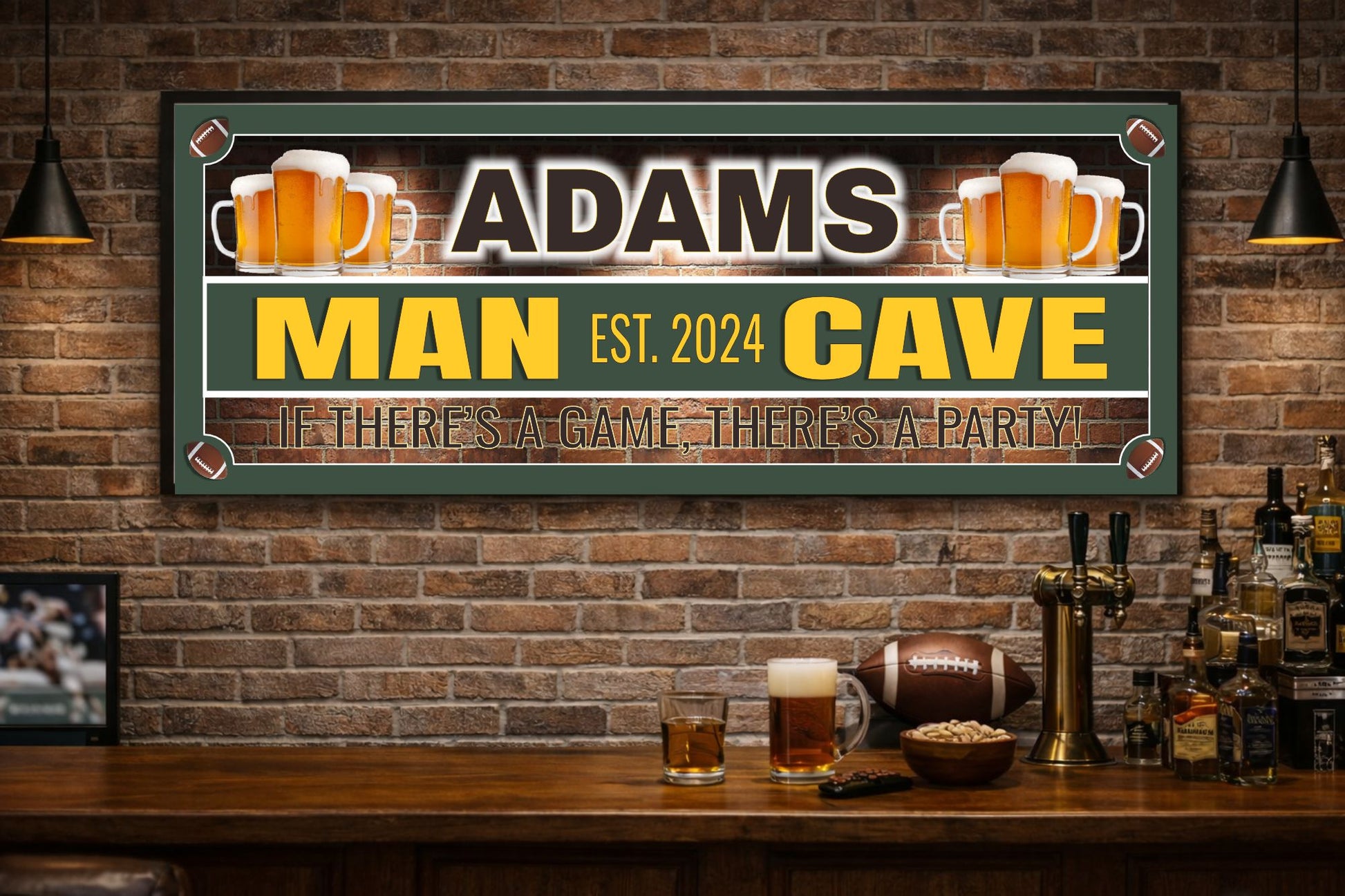 Man cave sign mounted above a home bar with brick wall, bottles, and warm lighting