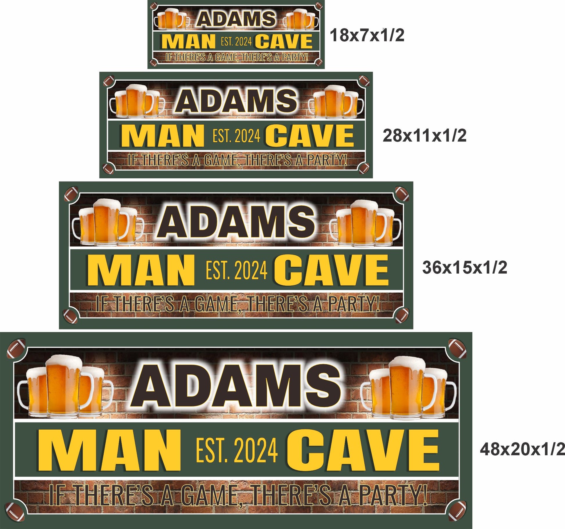 Custom man cave sign shown in four size options for wall decor display