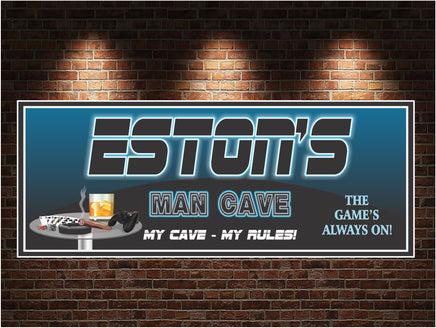 Custom blue and black Man Cave sign featuring an Xbox controller, playing cards, dice, and a cigar for a unique gaming and relaxation vibe.