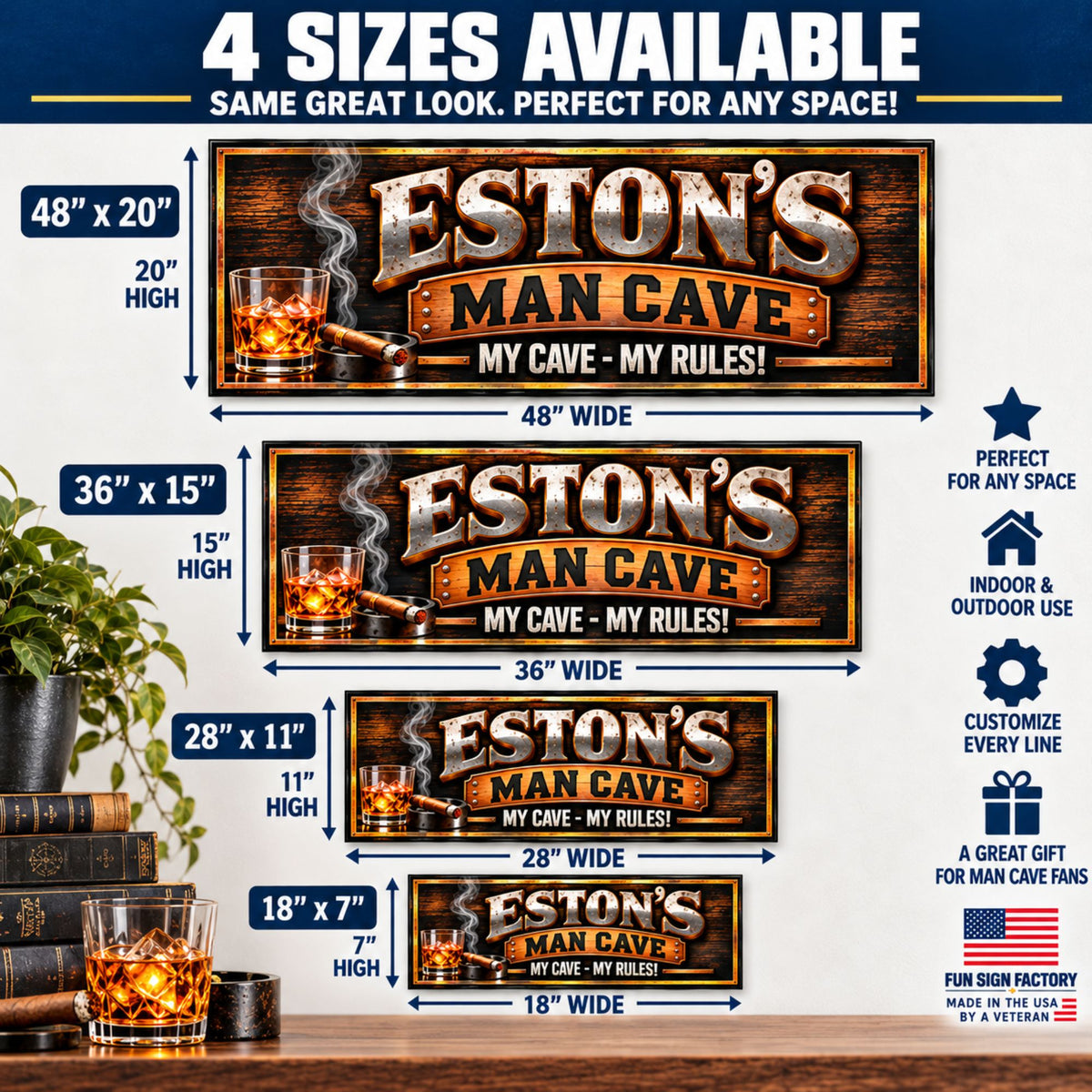 Four-size comparison showing custom man cave signs in 18×7, 28×11, 36×15, and 48×20 inches.