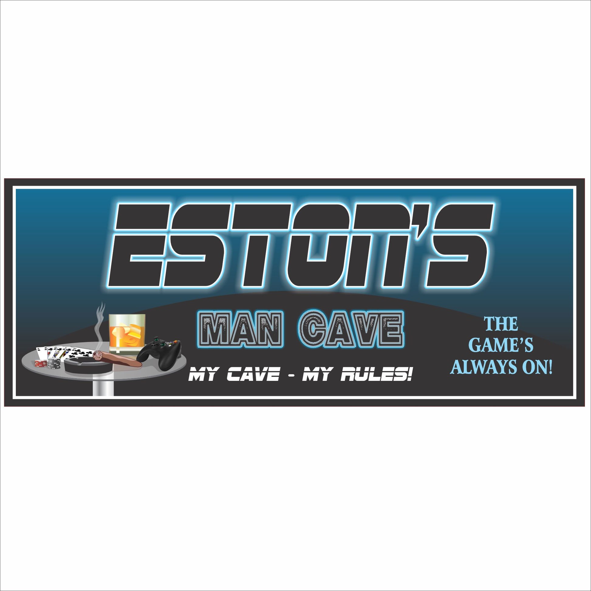 Personalized man cave sign with printed glow-effect lettering, gaming, cigar, drink, and card graphics on a dark blue background