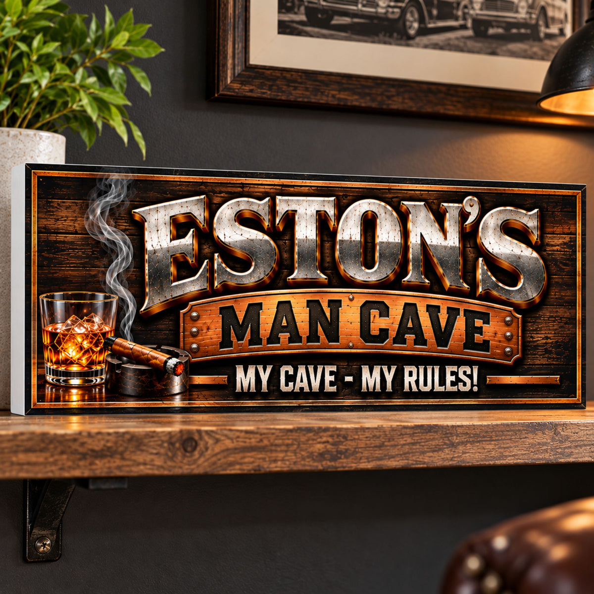 Personalized man cave sign displayed on a rustic wooden shelf in a masculine room with warm lighting.