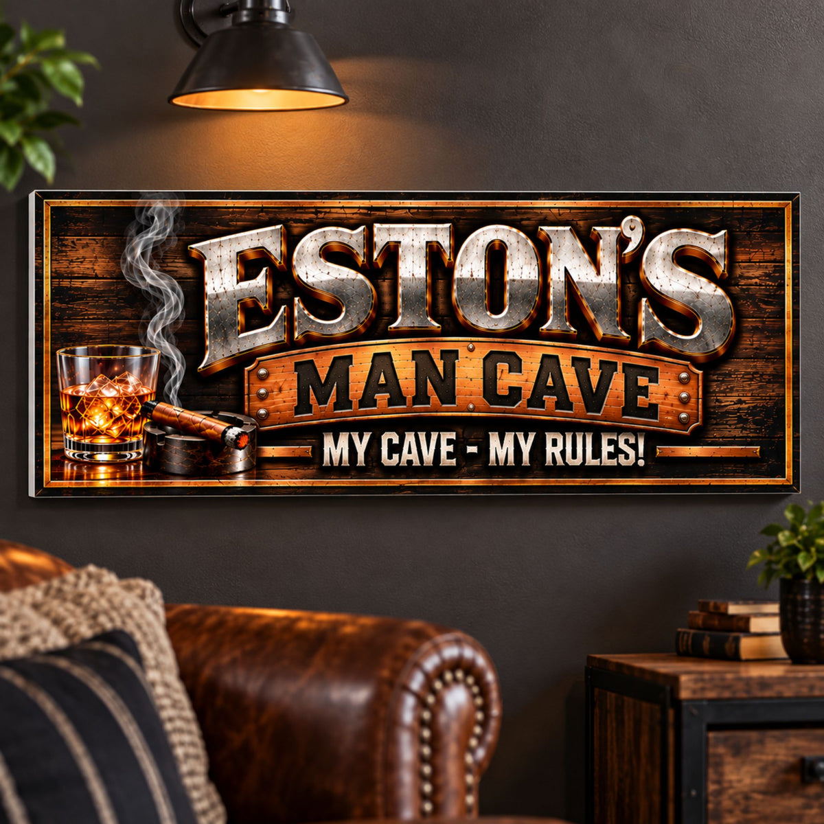 Rustic man cave sign mounted on a dark wall above a leather chair in an entertainment room.