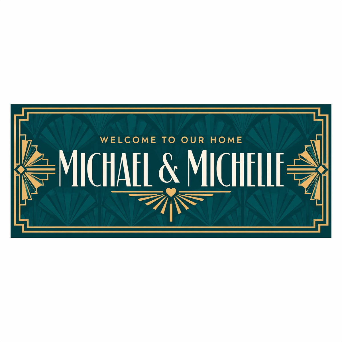 Custom personalized Art Deco welcome home sign with teal background, gold geometric border, cream lettering and editable names.