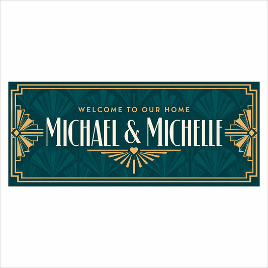 Custom personalized Art Deco welcome home sign with teal background, gold geometric border, cream lettering and editable names.