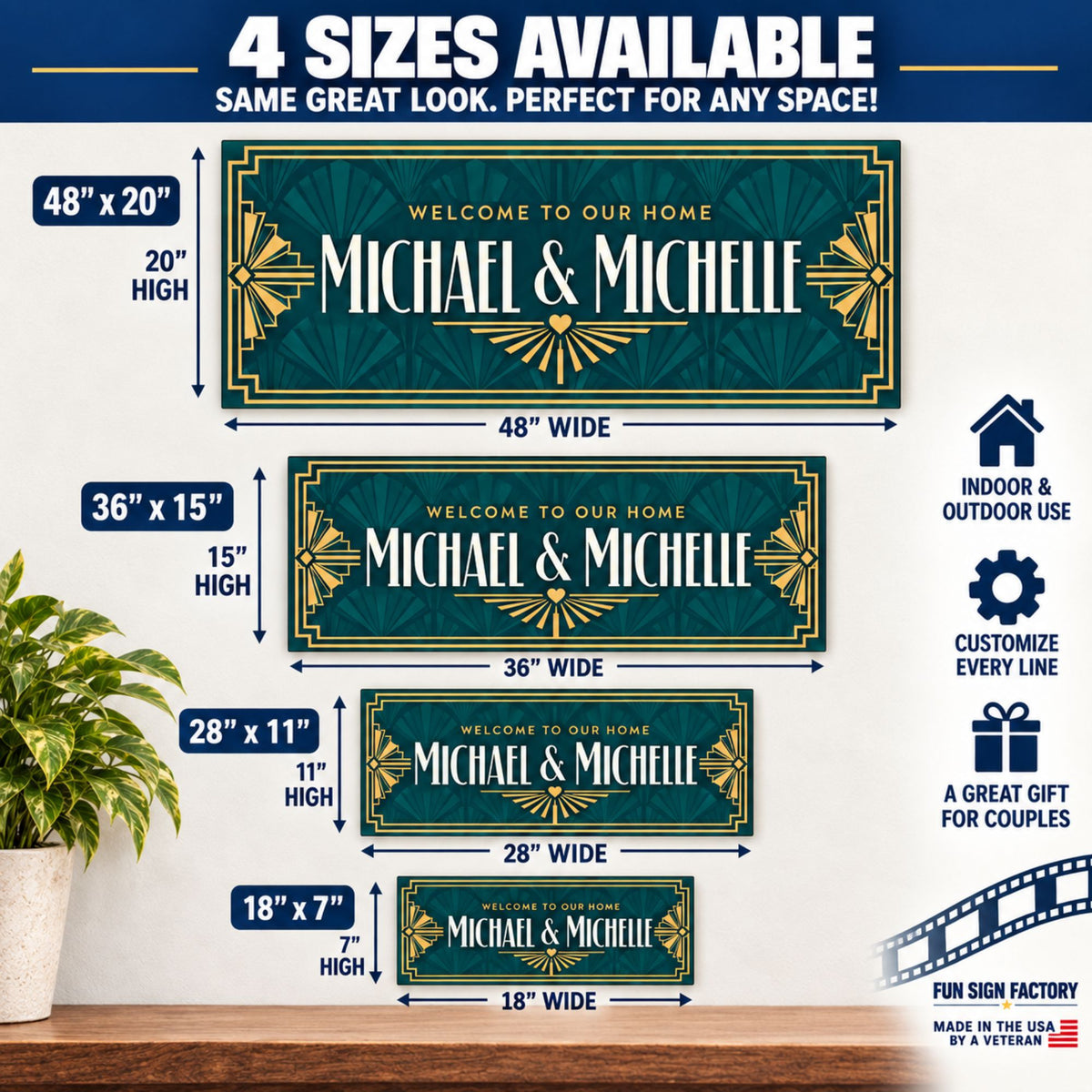 Four-size infographic for personalized Art Deco welcome sign showing 18x7, 28x11, 36x15 and 48x20 inch options.