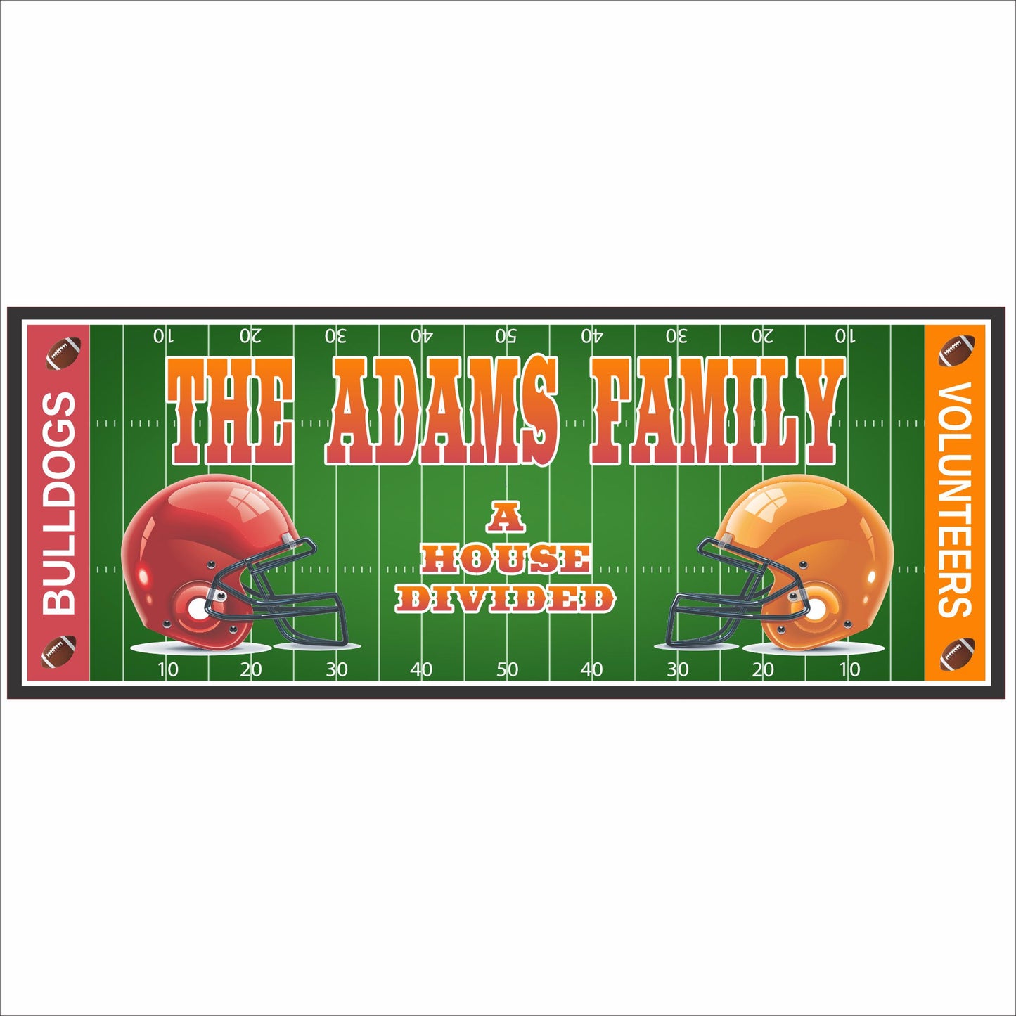 Personalized house divided football sign with two opposing helmets on a green football field background and custom family text