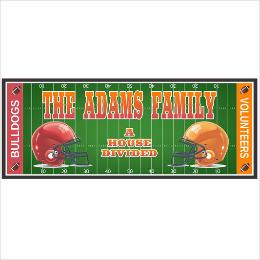 Personalized house divided football sign with two opposing helmets on a green football field background and custom family text