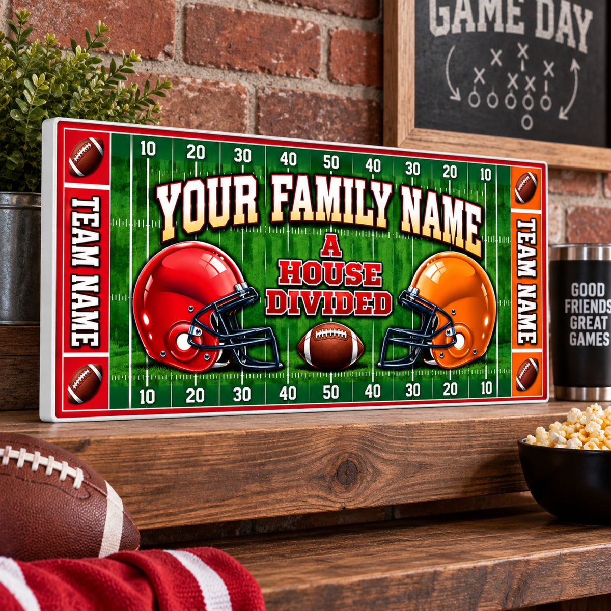 Personalized House Divided football sign displayed in a football-themed game room with opposing team helmets and custom family name.