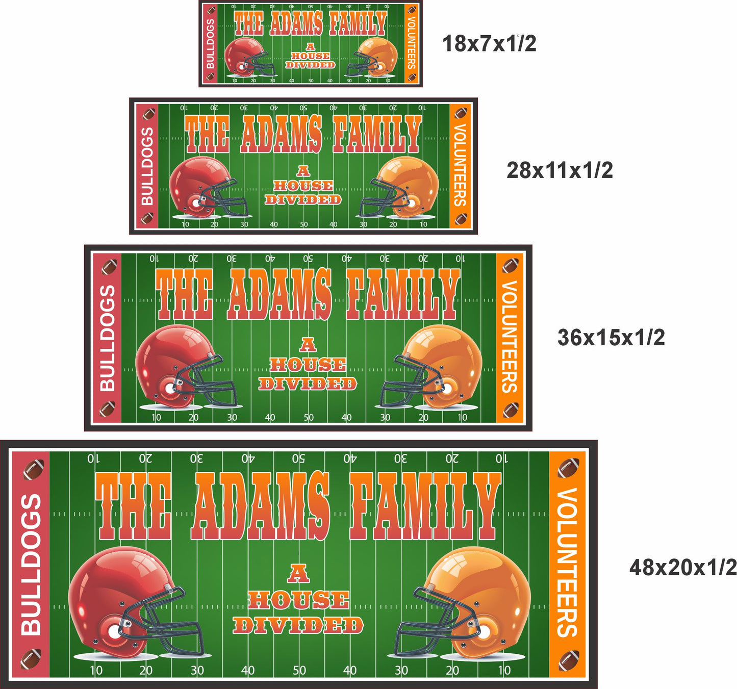 Personalized football house divided sign shown in four size options from small to large for wall display