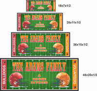 Personalized football house divided sign shown in four size options from small to large for wall display
