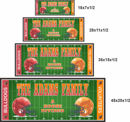 Personalized football house divided sign shown in four size options from small to large for wall display