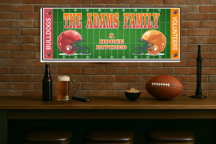 Personalized house divided football sign displayed on a brick wall above a bar counter with football décor and game-day accessories